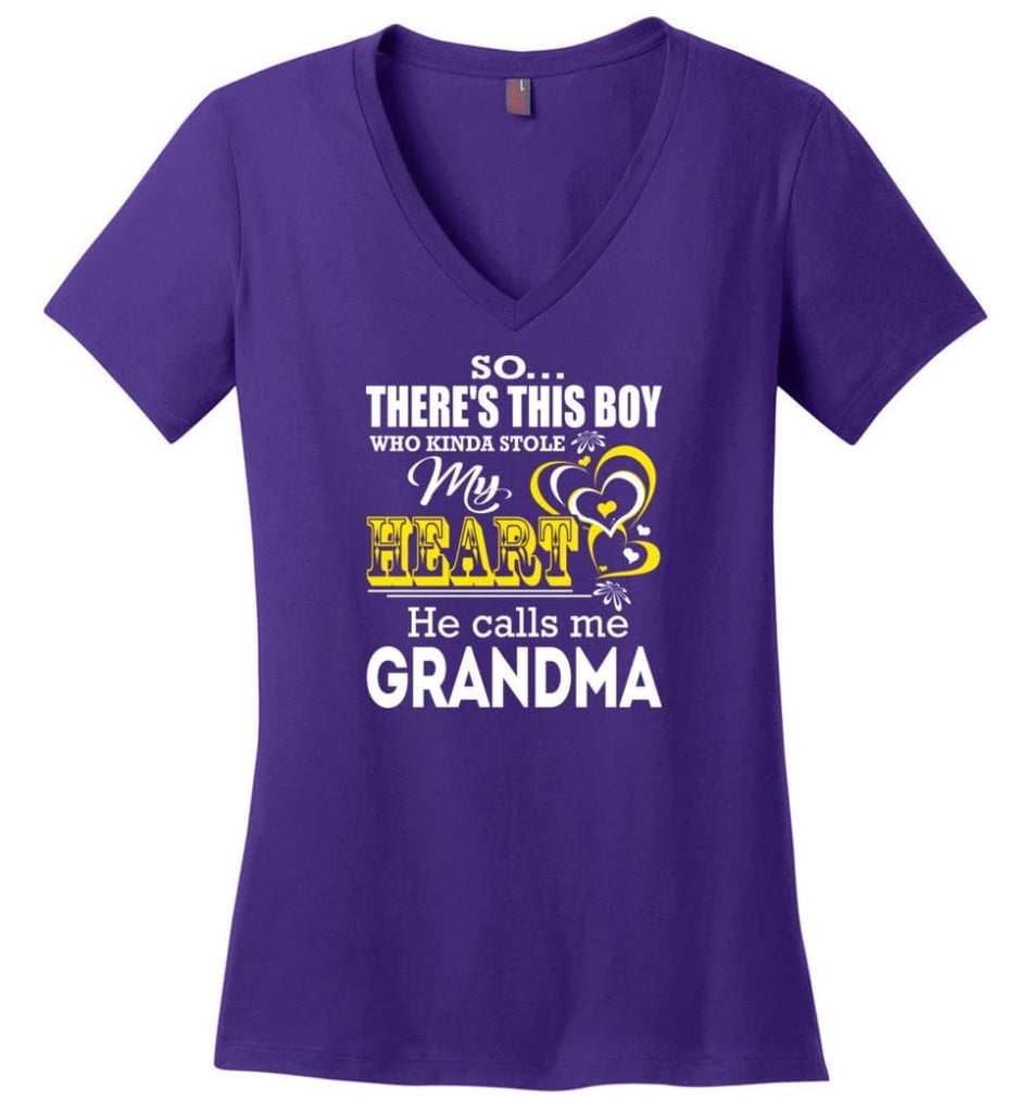 This Boy Who Kinda Stole My Heart He Calls Me Grandma Ladies V-Neck - Purple / M