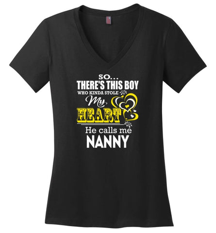 This Boy Who Kinda Stole My Heart He Calls Me Mom Ladies V-Neck - Black / M