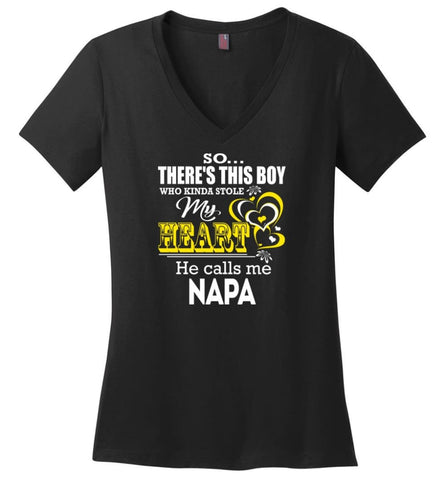 This Boy Who Kinda Stole My Heart He Calls Me Mommom Ladies V-Neck - Black / M