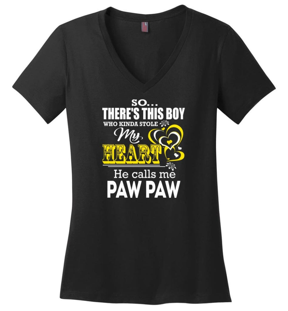 This Boy Who Kinda Stole My Heart He Calls Me Pappy Ladies V-Neck - Black / M