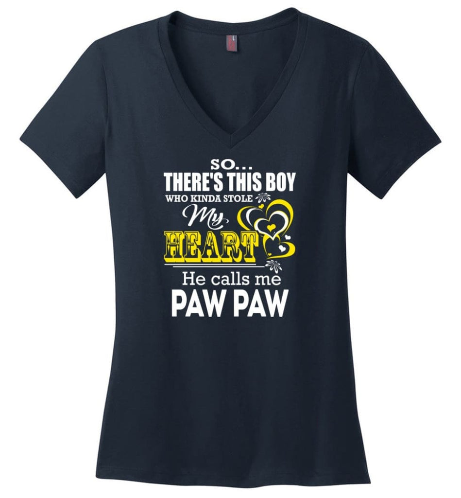 This Boy Who Kinda Stole My Heart He Calls Me Pappy Ladies V-Neck - Navy / M