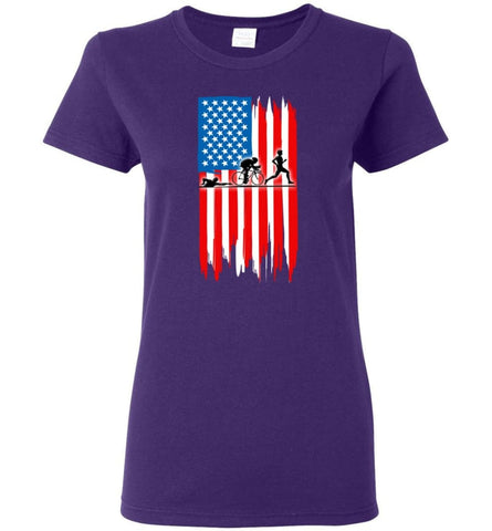 Triathlon With American Flag Women Tee - Purple / M