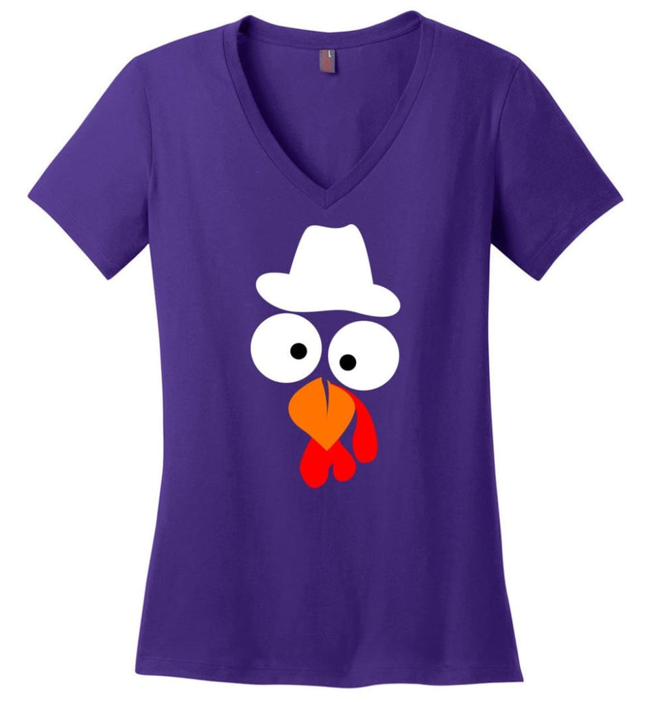 Turkey Face Cowboy Thanksgiving Gifts Ladies V-Neck - Purple / M