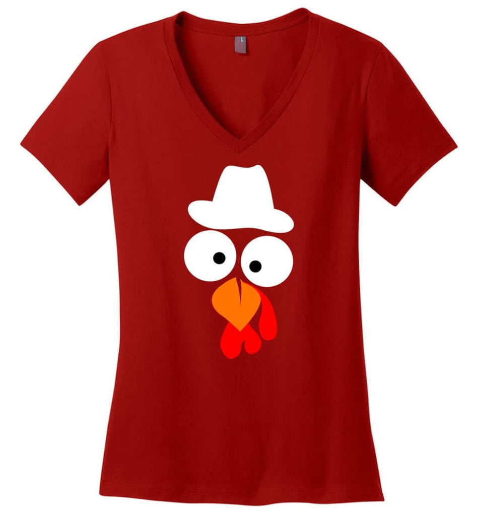 Turkey Face Cowboy Thanksgiving Gifts Ladies V-Neck - Red / M