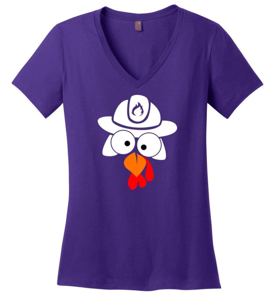 Turkey Face Firefighter Thanksgiving Gifts Ladies V-Neck - Purple / M
