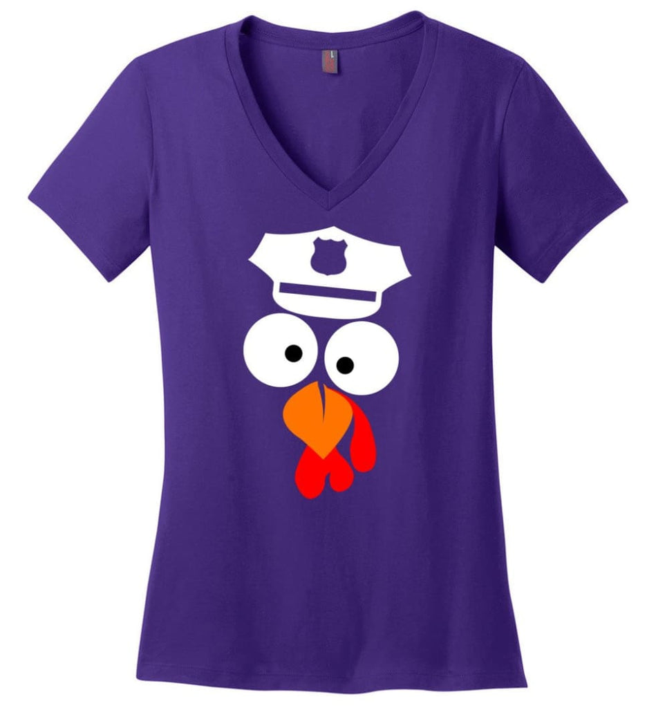 Turkey Face Police Thanksgiving Gifts Ladies V-Neck - Purple / M