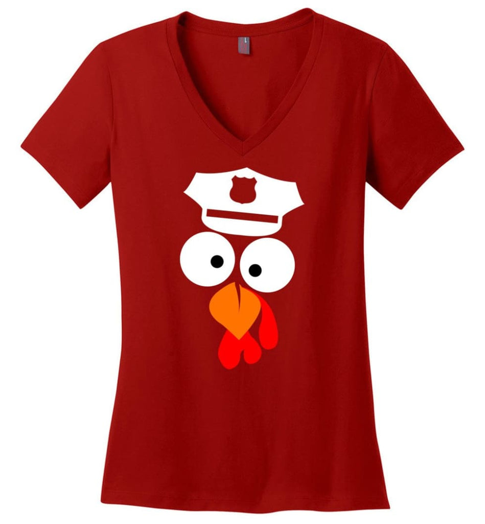 Turkey Face Police Thanksgiving Gifts Ladies V-Neck - Red / M