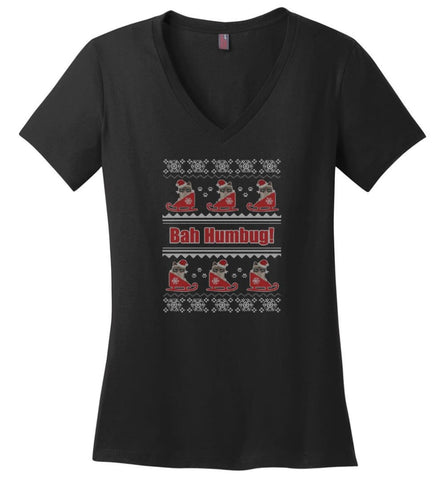 Ugly Christmas Grumpy Cat Bah Humbug Sweatshirt Hoodie Shirt - Ladies V-Neck - Black / M