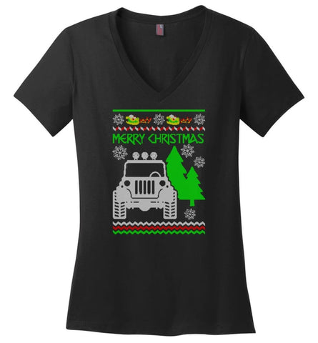 Ugly Christmas Jeep Sweater Jeep Sweatshirt Gift for Jeep Lover Ladies V-Neck - Black / M