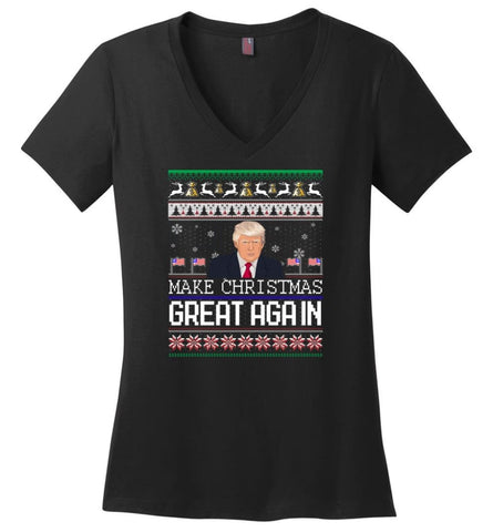 Ugly Christmas Sweater Make Christmas Great Again Jumper Donald Trump Xmas Ladies V-Neck - Black / M