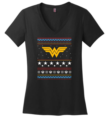 Ugly Christmas Wonder Woman Sweatshirt Hoodie Xmas Gift for Woman Ladies - Ladies V-Neck - Black / M