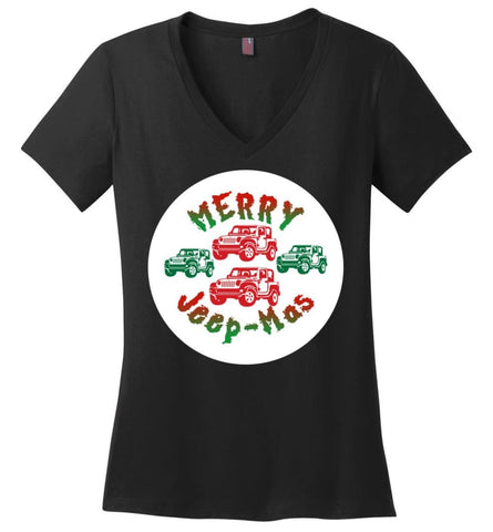 Ugly Jeep Christmas Sweater Jeep Xmas Sweater Matching Ugly Christmas Sweatshirts Merry Jeepmas Ladies V-Neck - Black / 