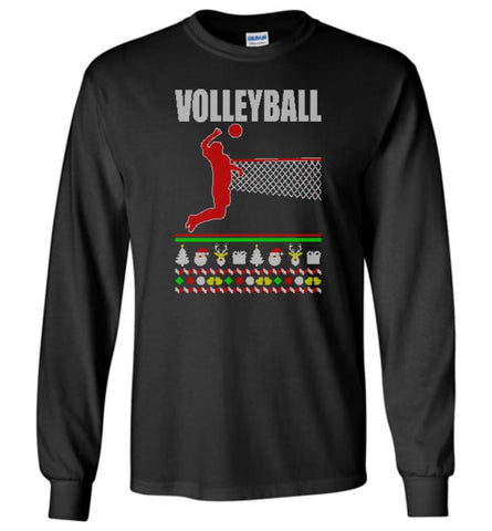 Volleyball Ugly Christmas Sweater - Long Sleeve T-Shirt - Black / M