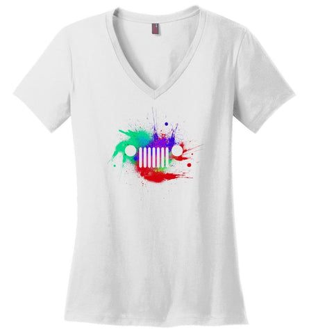 Watercolor Jeep Grill - Ladies V-Neck - White / M - Ladies V-Neck