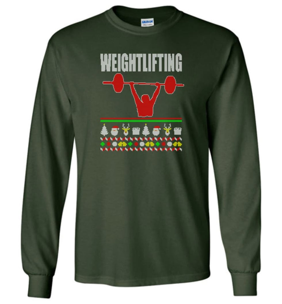 Weightlifting Ugly Christmas Sweater - Long Sleeve T-Shirt - Forest Green / M