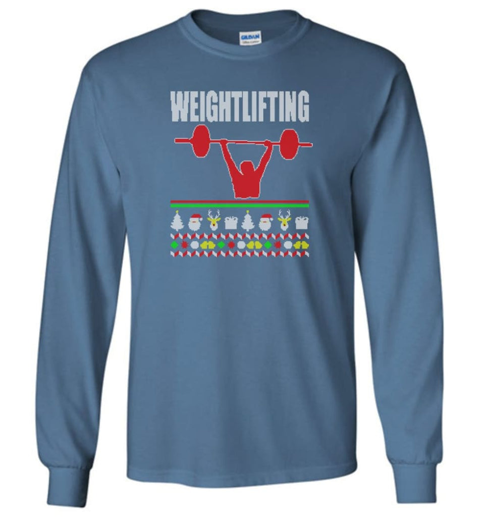 Weightlifting Ugly Christmas Sweater - Long Sleeve T-Shirt - Indigo Blue / M