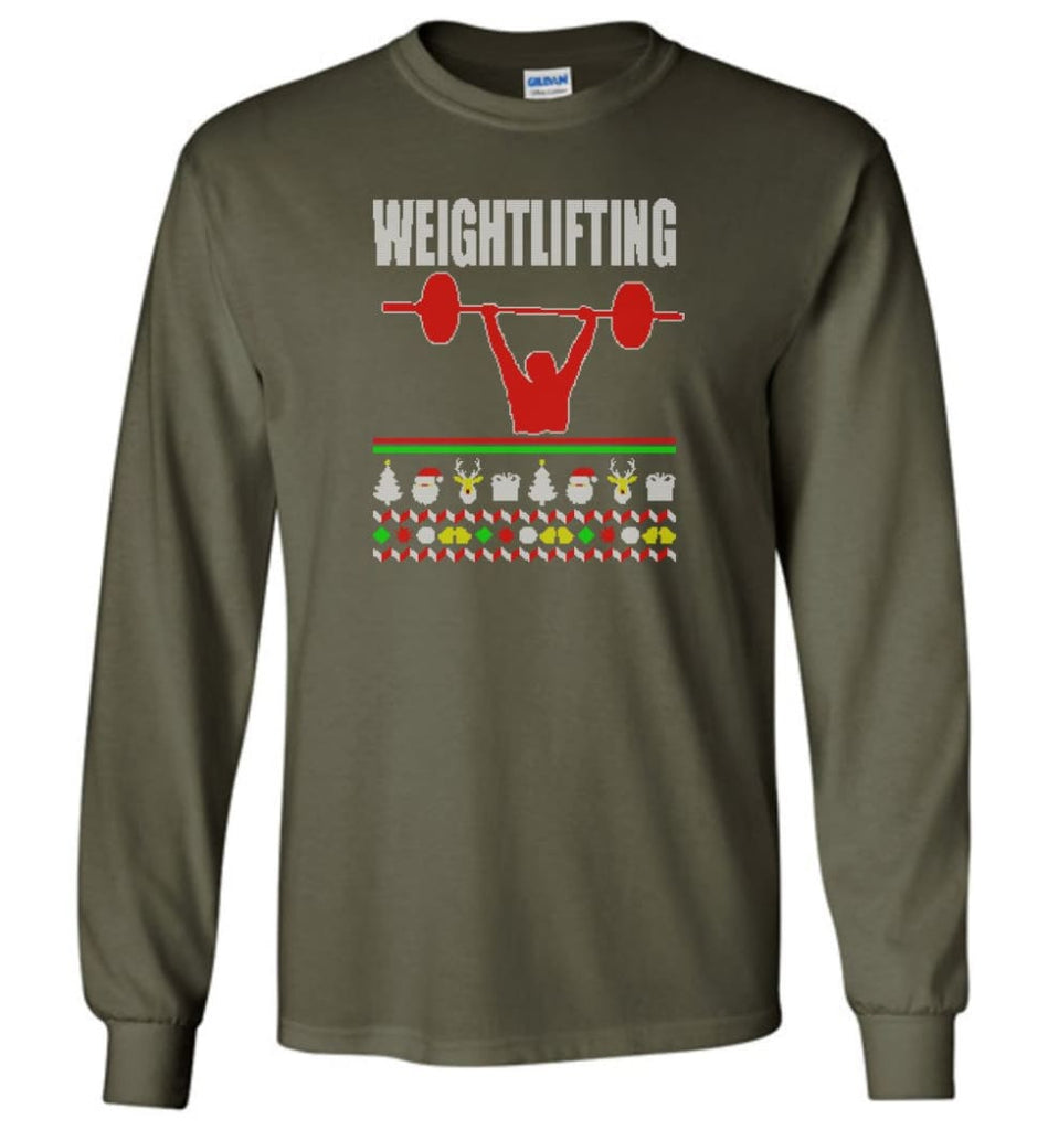 Weightlifting Ugly Christmas Sweater - Long Sleeve T-Shirt - Military Green / M