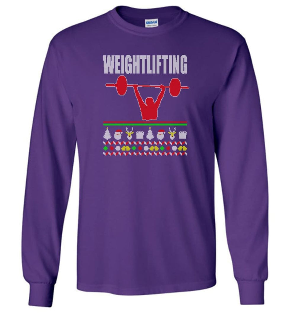 Weightlifting Ugly Christmas Sweater - Long Sleeve T-Shirt - Purple / M