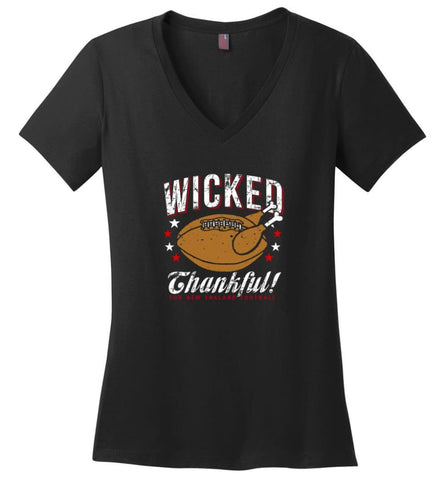 Wicked Thankful New England Football Ladies V-Neck - Black / M