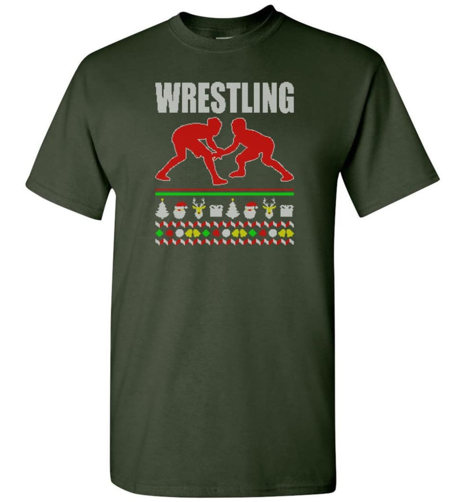 Wrestling Ugly Christmas Sweater - Short Sleeve T-Shirt - Forest Green / S