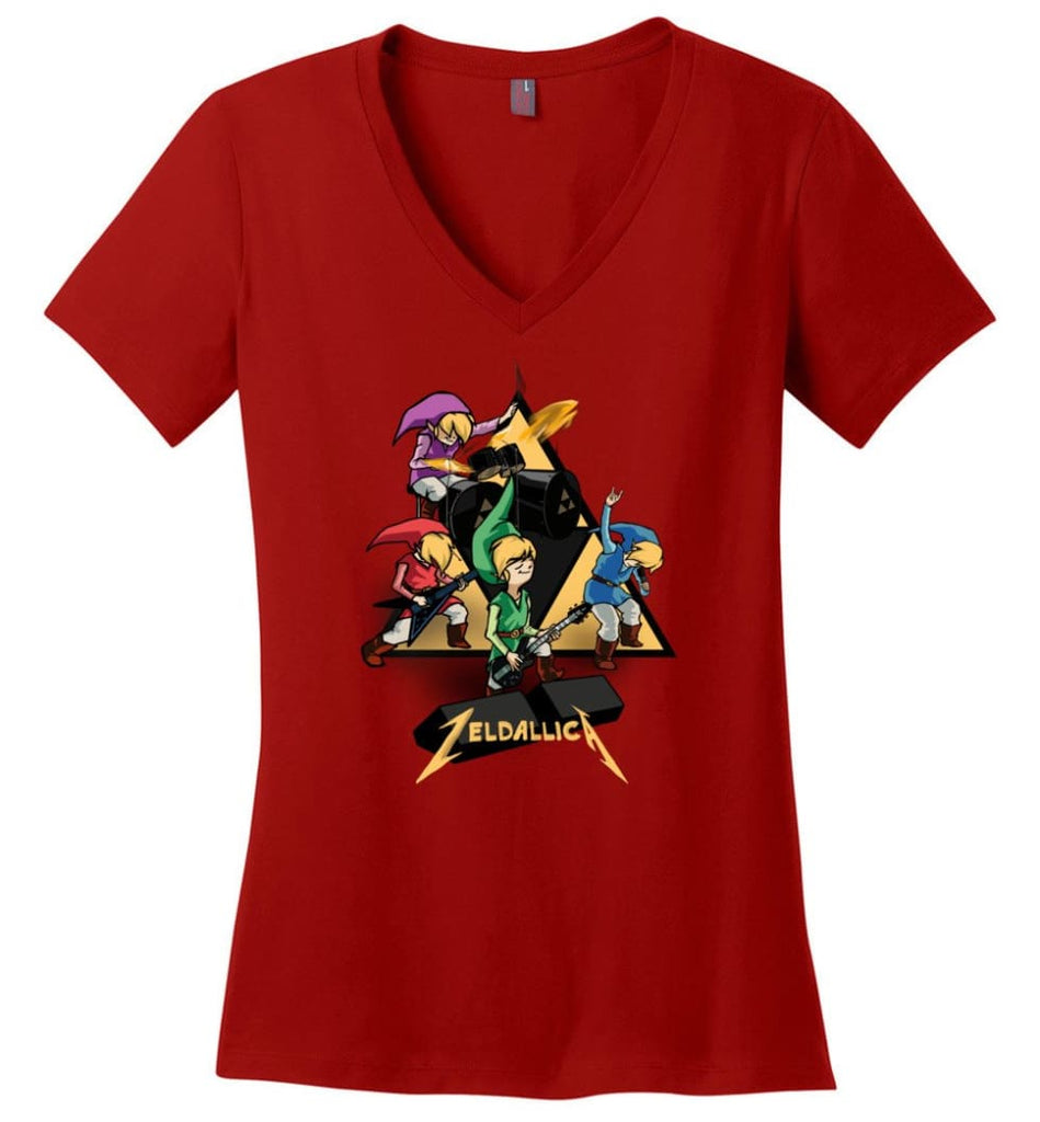 Zeldallica T Shirt Zelda Link Metalli Ca T Shirt Video Game And Music True Fasn Ladies V-Neck - Red / M