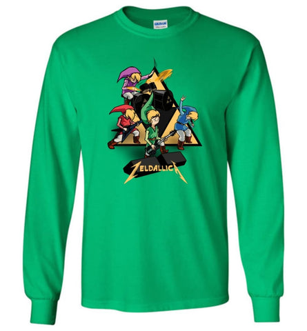 Zeldallica T shirt Zelda Link Metalli ca T shirt Video Game And Music True Fasn - Long Sleeve T-Shirt - Irish Green / M